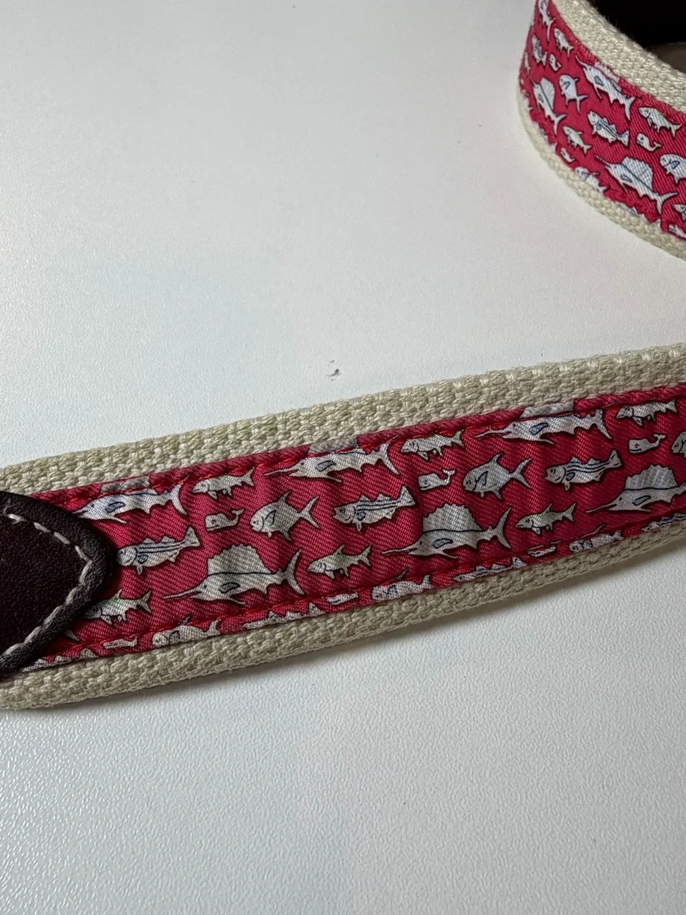 Vineyard Vines Size 32 Red Fish Patterned Canvas Belt with Brown Leather Trim